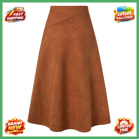 Faux Suede High Waist A-Line Midi Skirt Fall Winter Essential
